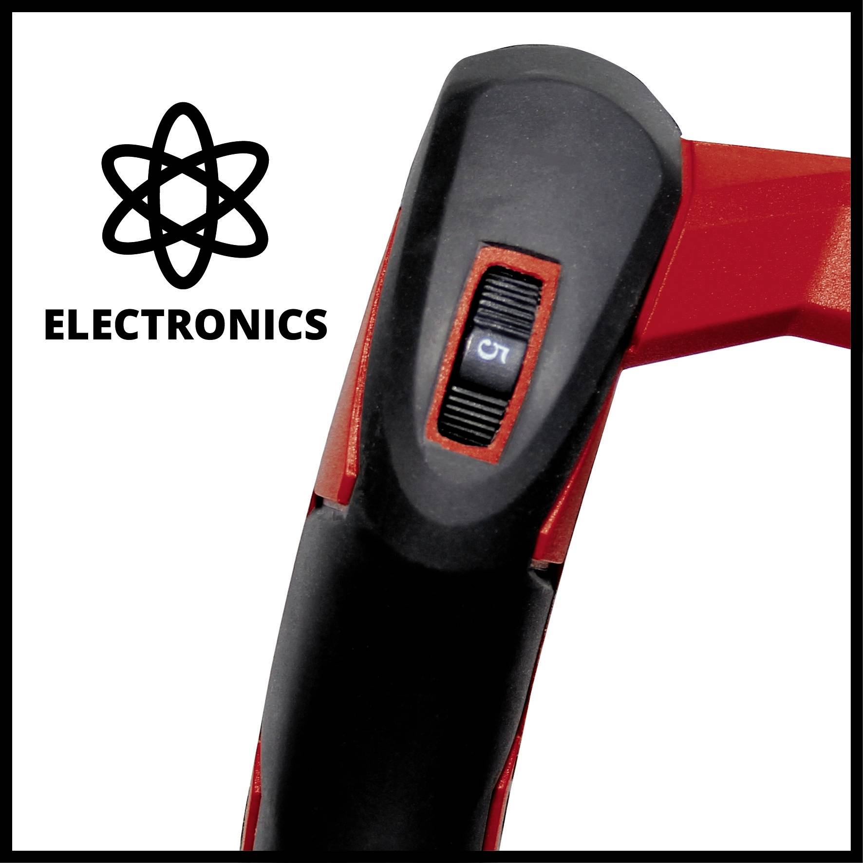 Čierne a červené elektronické zariadenie s kolieskom. V ľavom hornom rohu je logo so slovom 'ELECTRONICS' a symbolom atómu.