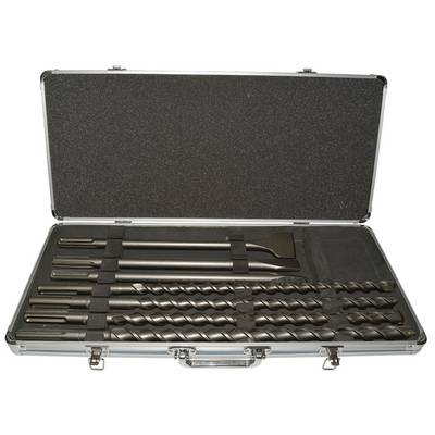 Otvorený kovový kufrík obsahuje súpravu rôznych vrtákov a dlát, starostlivo usporiadaných v zodpovedajúcich držiakoch.