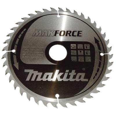 Kotúč Makita 'Makforce' s 40 zubami, vhodný na rezanie dreva. Obsahuje šípky udávajúce smer otáčania a symboly kompatibility materiálov.