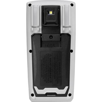 Prenosné elektronické zariadenie so zabudovaným LED svetlom a výstražnými upozorneniami na zadnej strane, používané na meranie.