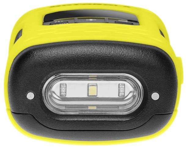 Zväčšený záber na žltej a čiernej prenosnej LED pracovnej lampe, zobrazujúci predný svetelný panel a kryt.