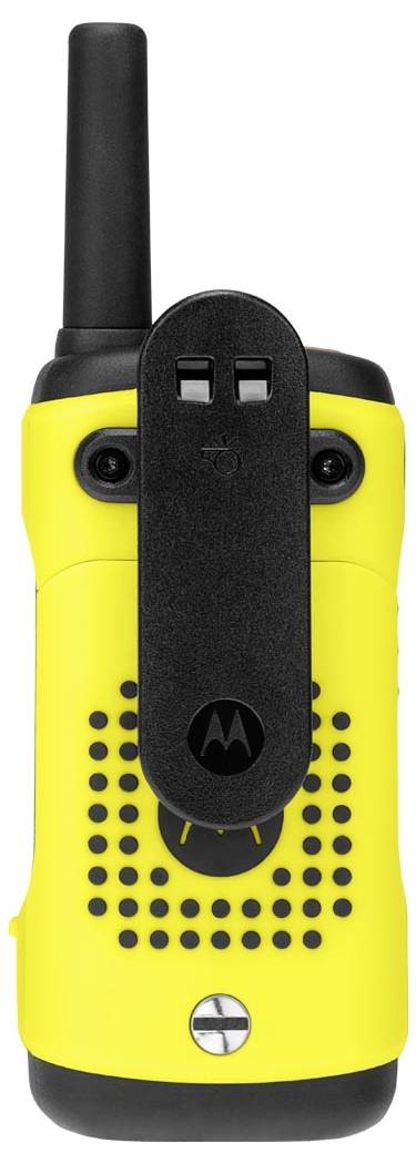 Žltá prenosná obojsmerná rádiostanica Motorola s čiernou anténou, predným klipom, reproduktorovou mriežkou a ovládacím gombíkom na bielom pozadí.