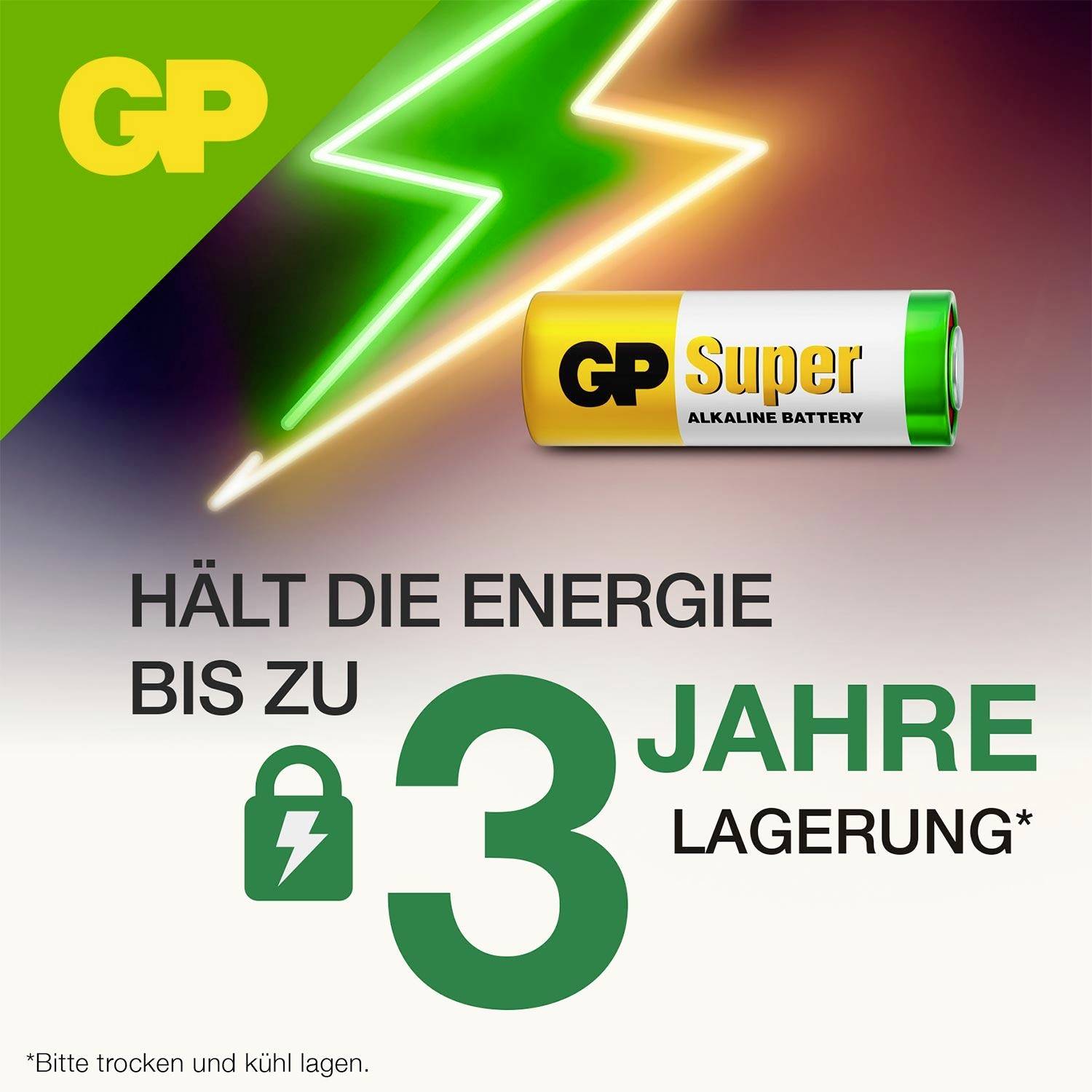 Reklama na alkalickú batériu GP Super; udržiava energiu až 3 roky skladovania, Poznámka: skladovať suchom a v chlade.
