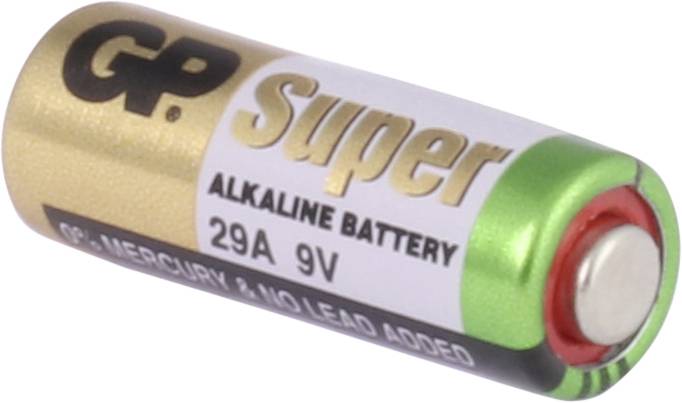 Batéria 9-voltová alkalická s nápisom „GP Super", model 29A; zlatý a zelený obal, zobrazený pohľad na produkt