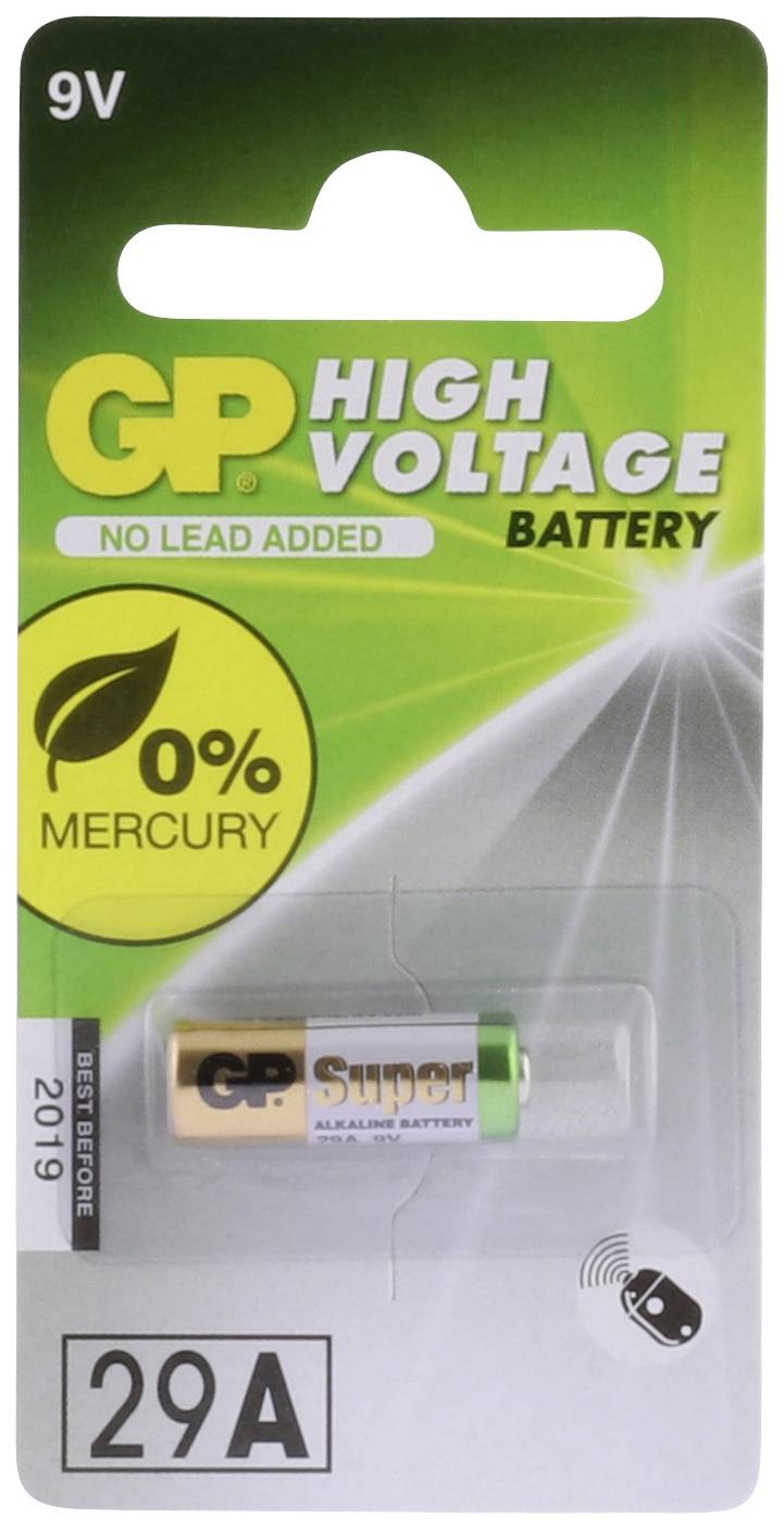 Balenie 9V batérie 'GP High Voltage Battery', 29A, s upozornením '0% Mercury' a znázornenou batériou v blistri.
