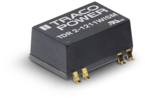 Malý čierny elektrický komponent s nápisom 'Traco Power TDR 2-1211W/ISM', so štyrmi zlatými kontaktmi na spodnej strane.
