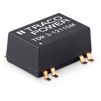 Čierny elektronický komponent s potlačou 'TRACO POWER TDR 3-1211SM', so štyrmi medenými kontaktmi dole, na bielom pozadí.
