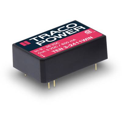 Obdĺžnikový, čierny napájací menič Traco Power so štyrmi zlatými kolíkmi zobrazuje technické údaje: 'Vstup: 9-36 VDC, Výstup: 5 VDC / 600 mA'.
