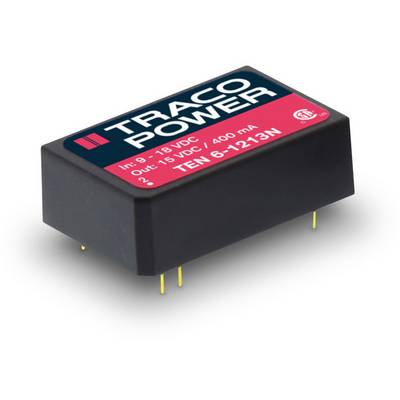 Elektronická súčiastka, Traco Power menič napätia. Vstup: 9-18 VDC, Výstup: ±15 VDC, 400 mA. Kompaktný, obdĺžnikový tvar.