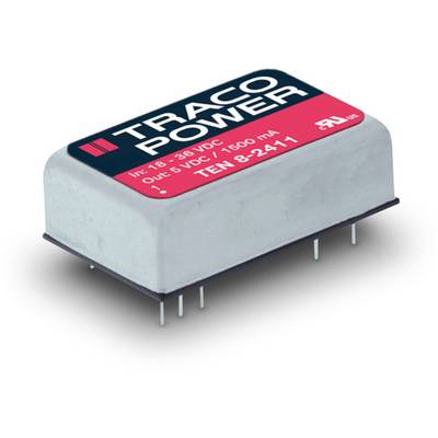 Elektronický menič napätia od TRACO POWER so špecifikáciami: Vstup 18-36 VDC, výstup 5 VDC/1500 mA, model TEN 8-2411.