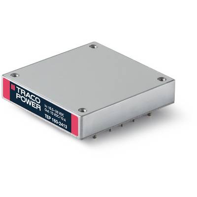 Obdĺžnikový elektronický komponent v striebornom kovovom kryte s logom 'TRACO POWER' a technickými špecifikáciami na prednej strane.