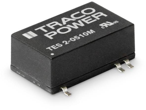 Malý čierny napäťový menič s nápisom 'TRACO POWER TES 2-0510M', tri kolíky na spodnej strane.