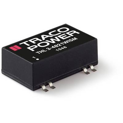 Schwarzer Traco Power menič napätia s nápisom 'THL 3-4821WISM 1046', so štyrmi kovovými prípojkami na spodnej strane.