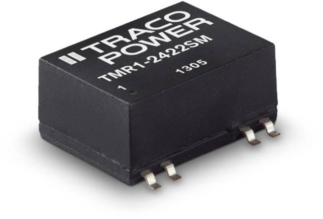 Čierny menič napätia Traco Power s modelovým číslom TMR1-2422SM, obdĺžnikového tvaru so štyrmi pinmi na jednej strane.