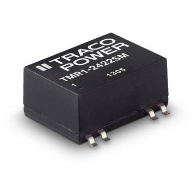 Čierny menič napätia Traco Power so sériovou číslo TMR1-2422SM so štyrmi kovovými konektormi na spodnej strane.