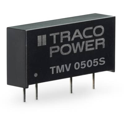 Čierny menič napätia Traco Power, model TMV 0505S so štyrmi pripojovacími kolíkmi, ležiaci na bielom povrchu.