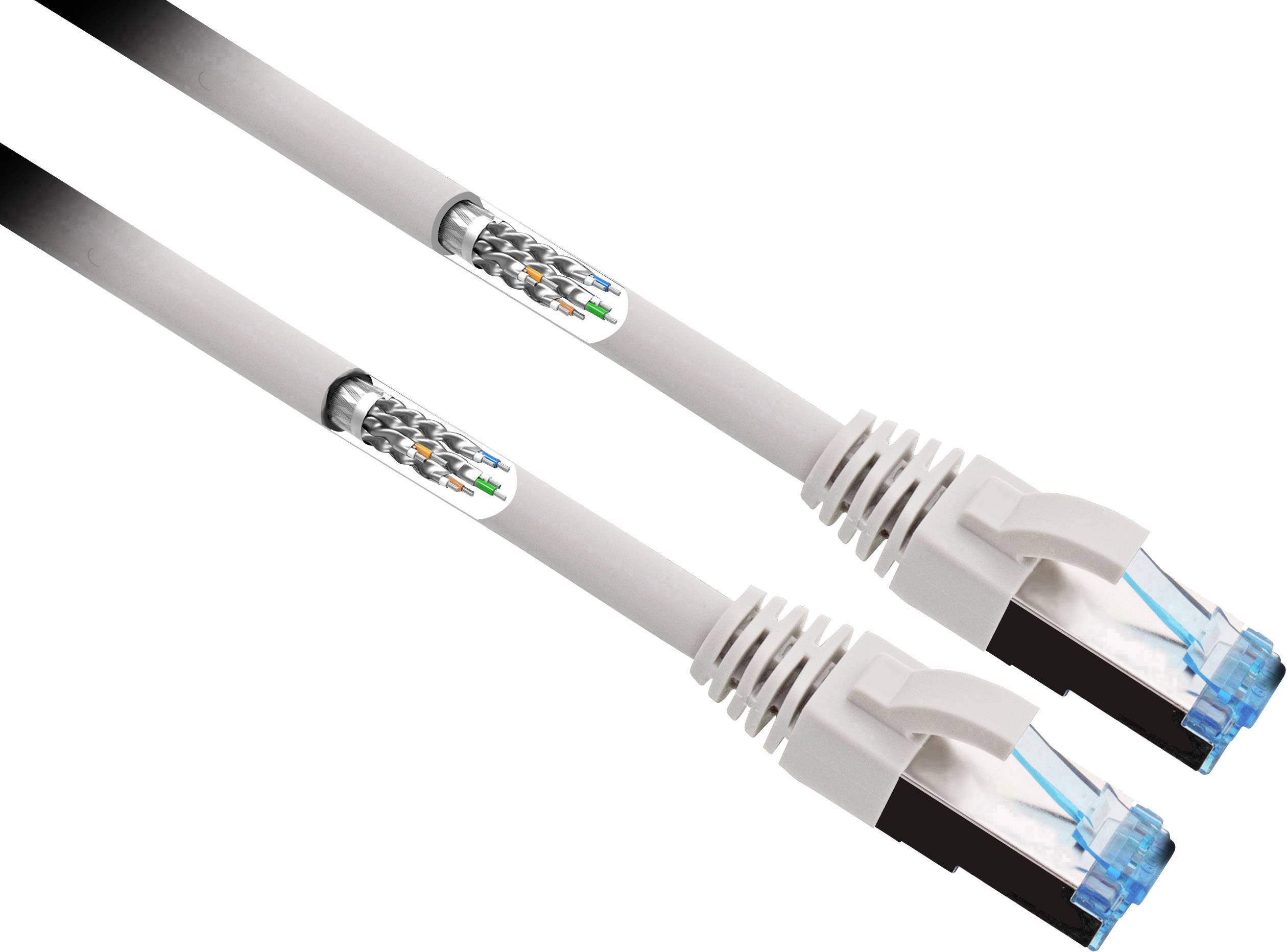 Sivý ethernetový kábel s konektormi RJ45 na oboch stranách. Je tienený a vhodný pre siete určené na rýchly prenos dát.