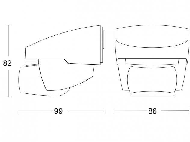 Technický výkres zariadenia s rozmermi: výška 82 mm, hĺbka 99 mm, šírka 86 mm, znázornený z pohľadu zboku a spredu.