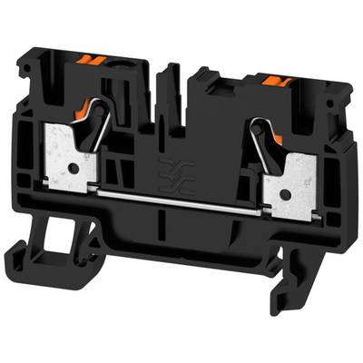 Čierny elektrický svorkovnicový blok z plastu s dvoma kovovými kontaktnými svorkami a oranžovými tlačidlami.