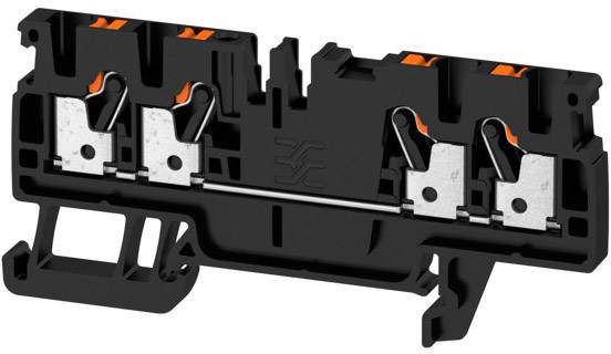 Čierny elektrický svorkovnicový blok s viacerými oranžovými pákami, ktorý sa používa na prepájanie vodičov v elektrických aplikáciách.