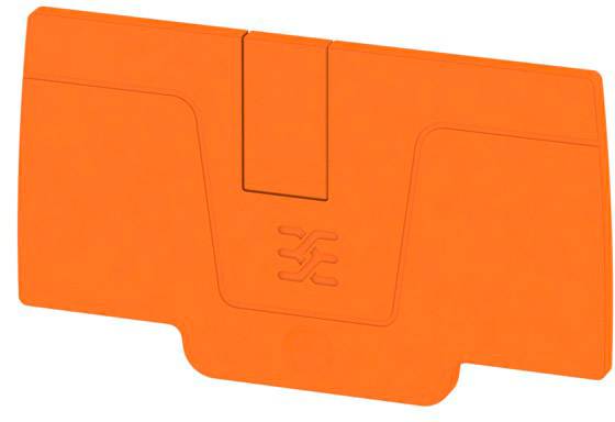 Oranžová plastová súčiastka s centrálnym uzatváracím mechanizmom a razenom logom v strede.