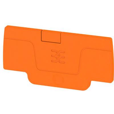 Oranžová plastová súčiastka s vyrazeným logom v strede.