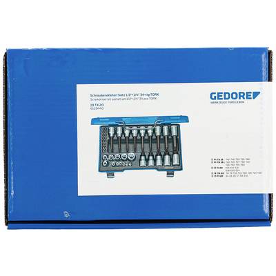 Sada skrutkovačov Gedore 1/2"-1/4" 34-dielna s TORX, modrá, ilustrácia kľúčov a náradia v krabici na obale.