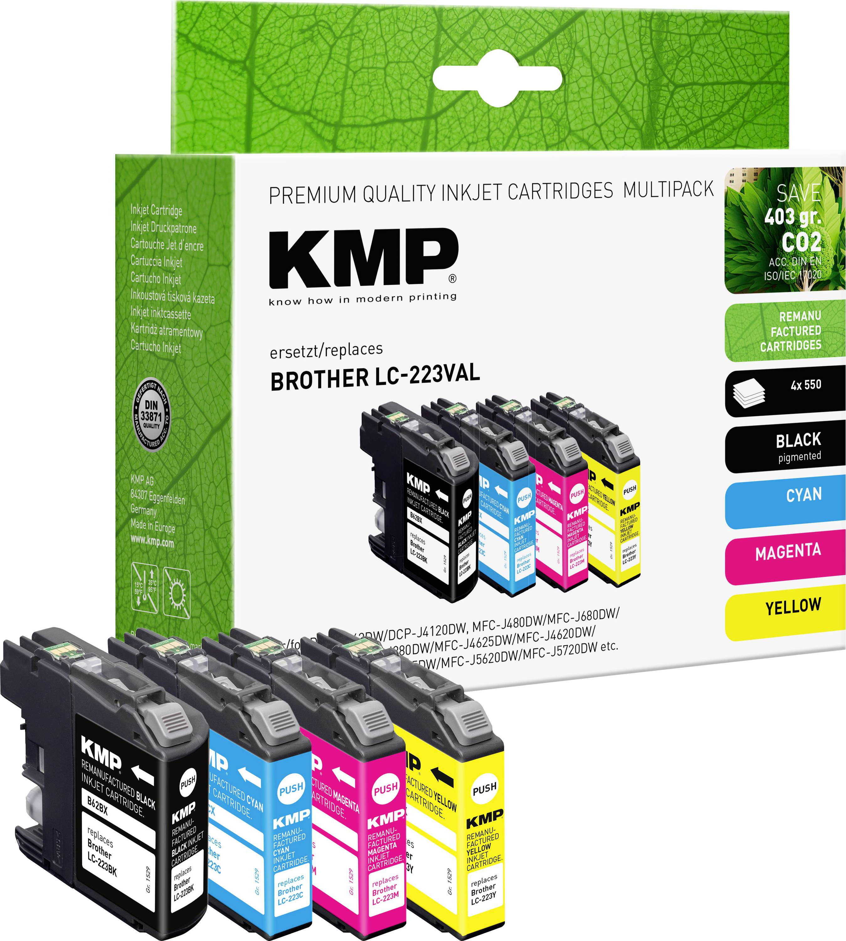 Atramentové kazety multipack od KMP pre tlačiarne Brother, modely MFC a J, obsahuje čiernu, azúrovú, purpurovú, žltú. Balenie ušetrí 403g CO2.