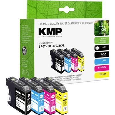 Atramentové kazety multipack od KMP pre tlačiarne Brother, modely MFC a J, obsahuje čiernu, azúrovú, purpurovú, žltú. Balenie ušetrí 403g CO2.