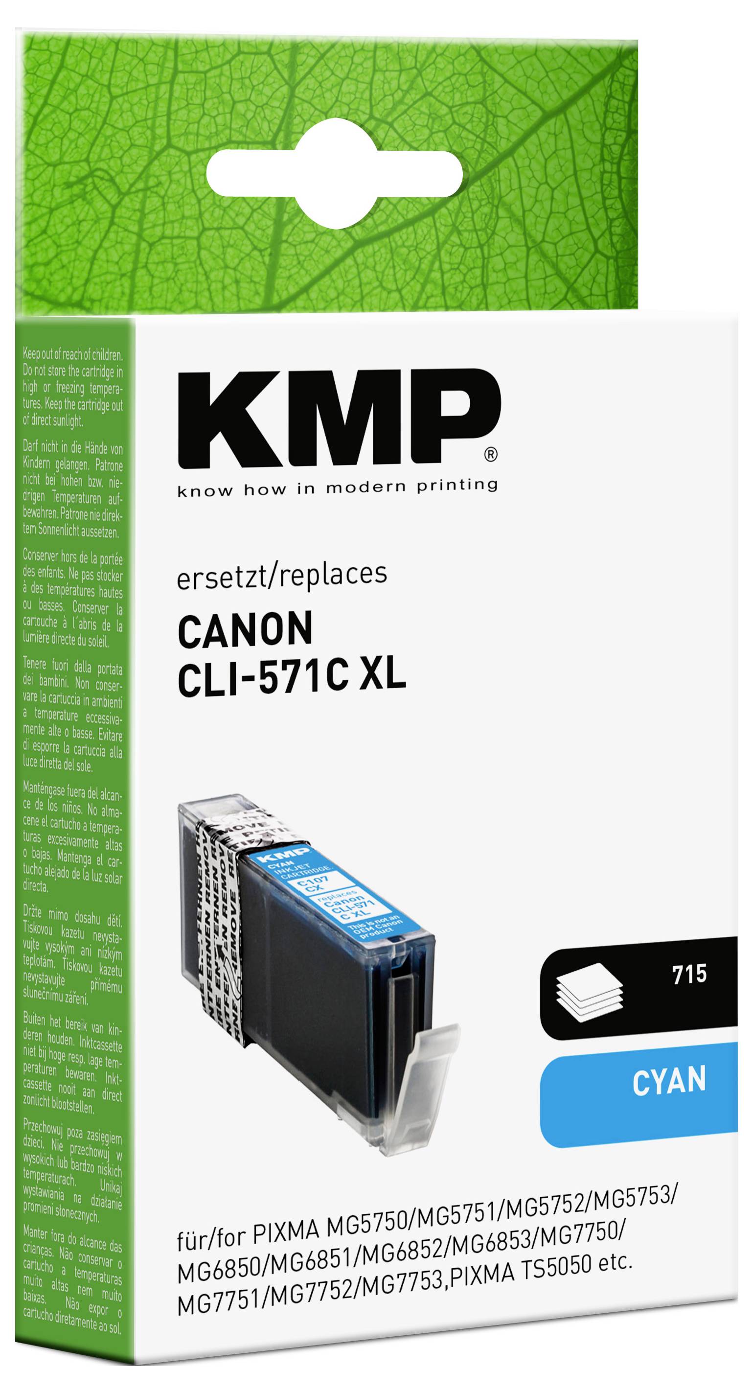 KMP Ink náhradný Canon CLI-571C XL kompatibilná zelenomodrá C107CX 1569,0003-1