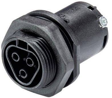 Čierny šesťhranný elektrický konektor s tromi vnútornými kontaktmi. Vhodný pre priemyselné aplikácie.