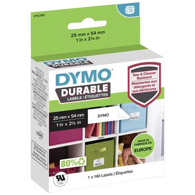 Obal 'DYMO Odolné štítky', 25 x 54 mm, 160 etikiet, odolné proti čistiacim prostriedkom, vyrobené v Európe, 80% recyklovaného materiálu.