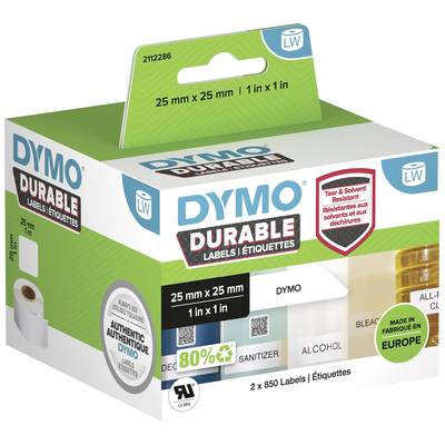 Obal na štítky 'DYMO Durable Labels', 25 mm x 25 mm etikety, odolné voči roztrhnutiu a rozpúšťadlám, vhodné pre rôzne typy fliaš.