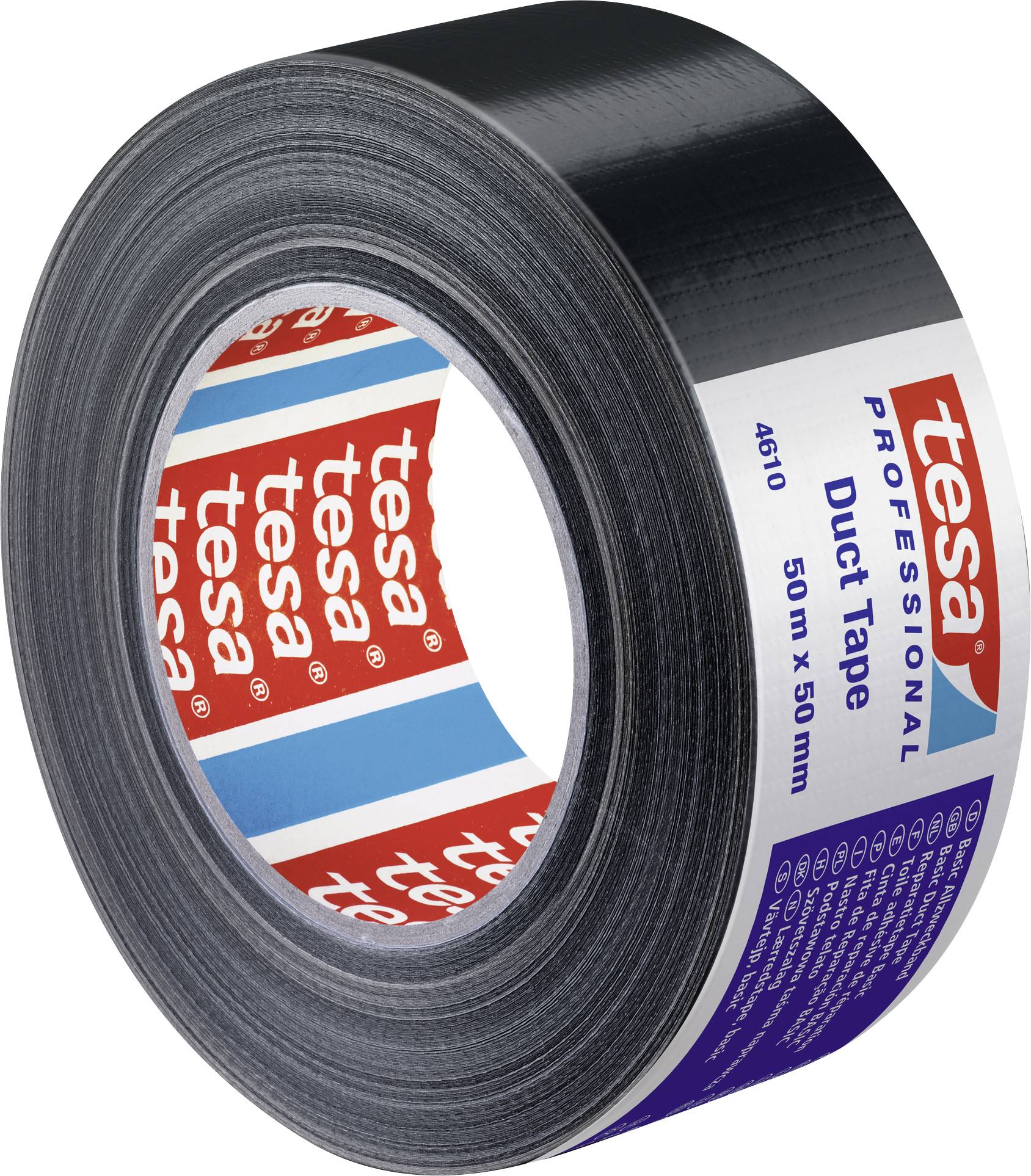 Rolka čiernej pancierovej pásky značky Tesa. Etiketa uvádza: Profesionálna textilná páska, 50 m x 50 mm.