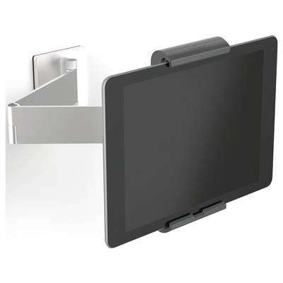 Držiak tabletu na stene, ktorý ukazuje tablet v horizontálnej orientácii. Je vyrobený z kovu s čiernym držiakom pre zariadenie.