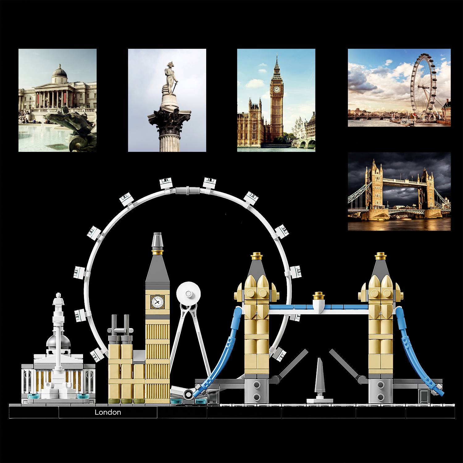 Lego model Londýna so slávnymi pamiatkami: Big Ben, Tower Bridge, London Eye; malé fotografie pamätihodností nad ním.