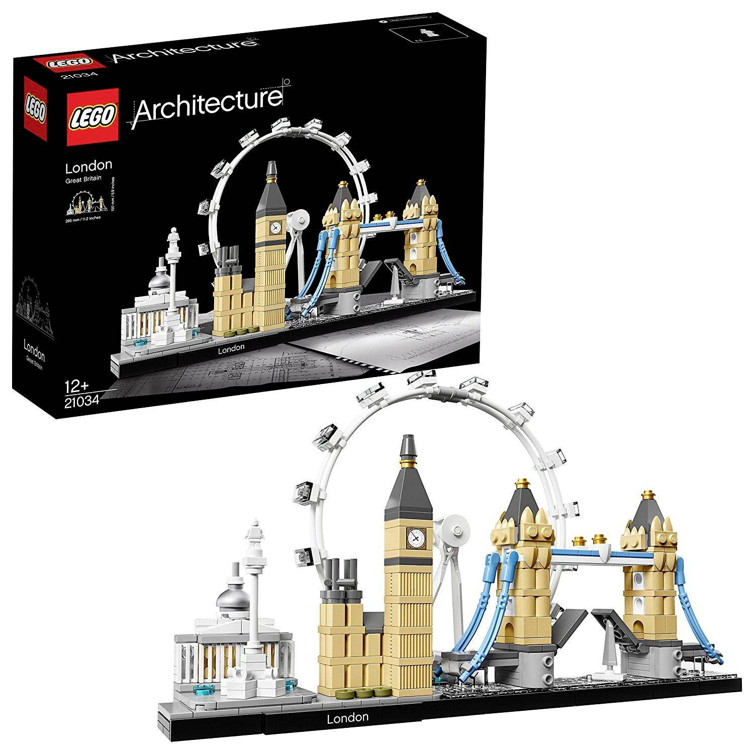 Architektonická sada LEGO zobrazujúca Londýn, s modelmi Big Benu, Tower Bridge a London Eye, v čiernej farbe na obale.