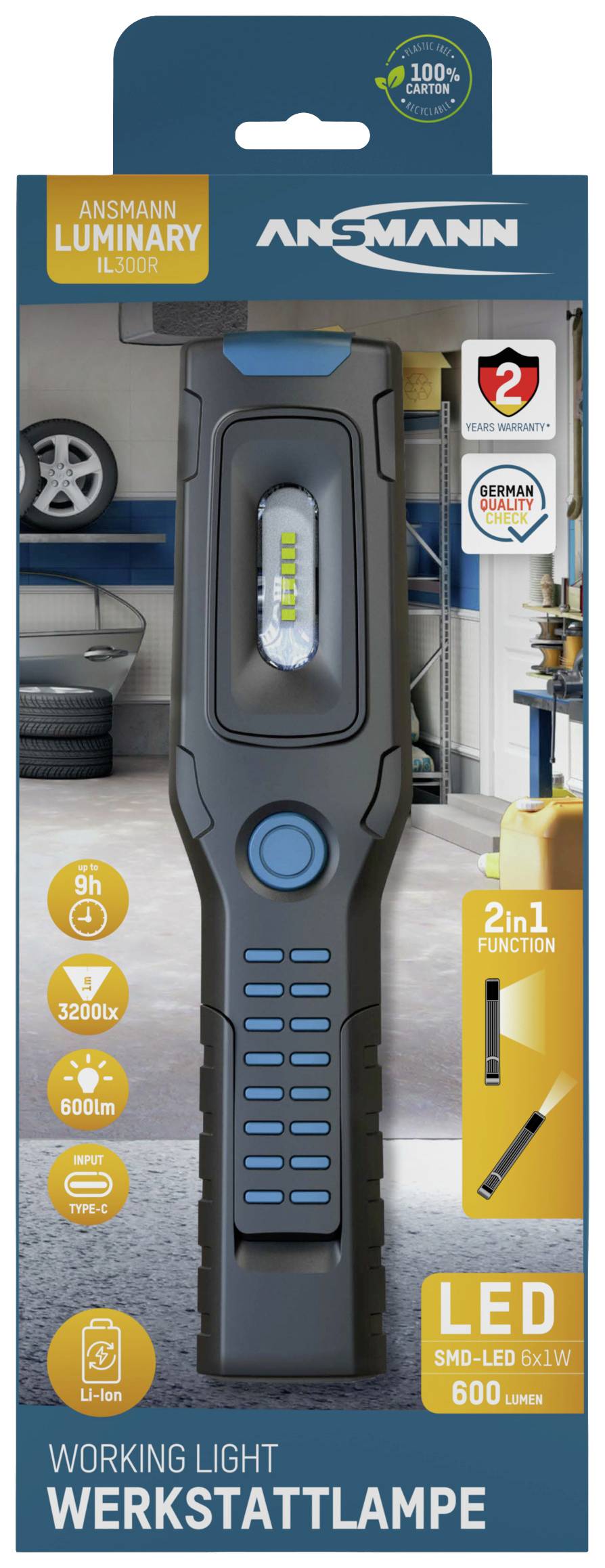 Balenie LED dielenskej lampy s 600 lúmenmi. Vytlačené ikony zobrazujú funkcie: 9 hodín výdrže, 3200 Kelvinov, 2-v-1 funkcia.