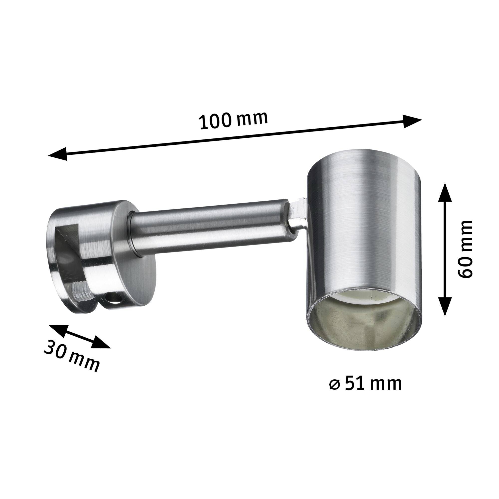 Kovové LED nástenné svietidlo, valcovitého tvaru, rozmery: 100 mm dĺžka, 60 mm výška, 51 mm priemer; konzola na stenu: 30 mm.
