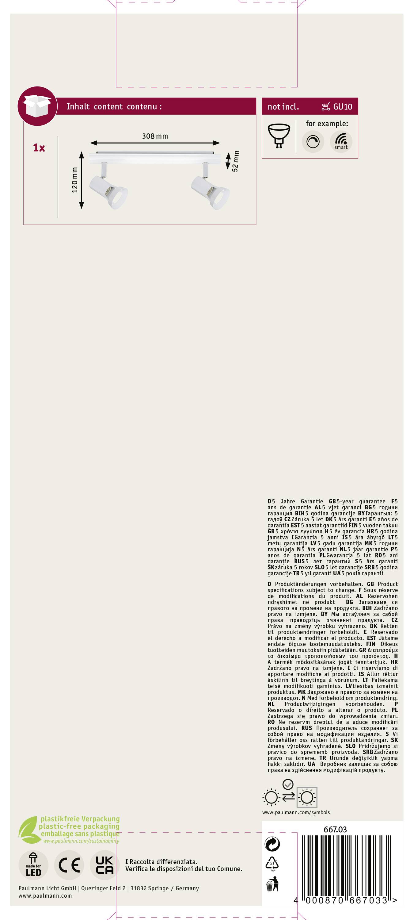 Dizajn obalu LED svietidla s dvoma bielymi žiaričmi, dlhého 355 mm. Obsahuje informácie o energetickej efektívnosti a recyklácii.