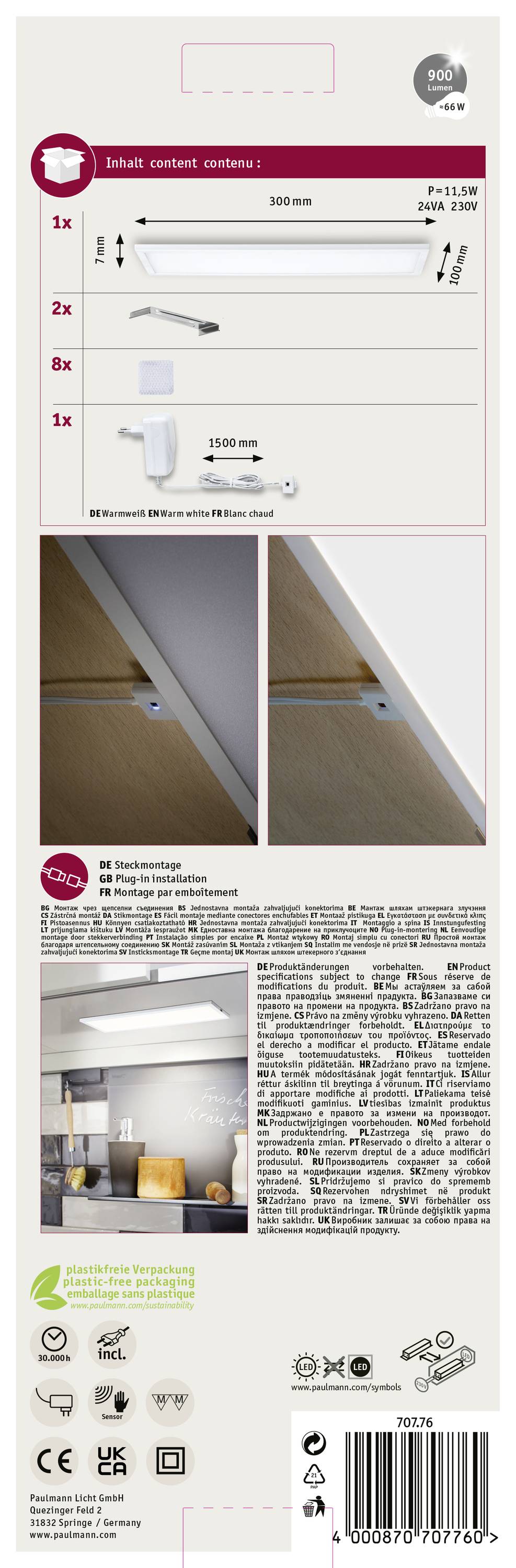 Zadná strana obalu svetla s návodom na montáž a obrázkami súčastí. Dole popis produktu a bezpečnostné symboly.