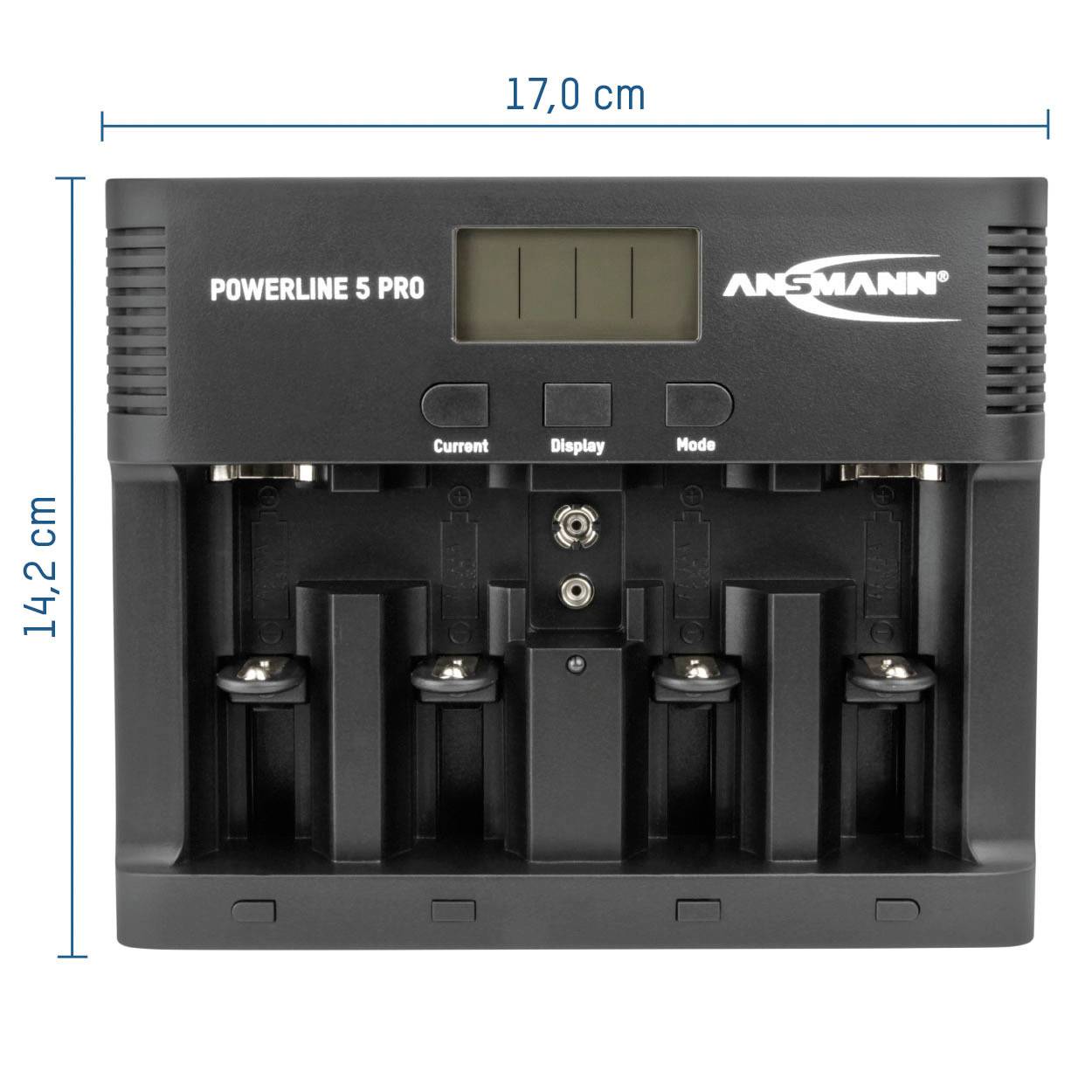 Nabíjačka 'Powerline 5 Pro' s LCD displejom, štyrmi nabíjacími úsekmi a ovládacími tlačidlami, 17 cm x 14,2 cm.