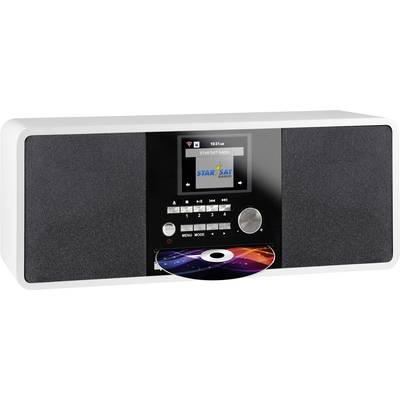 Moderný rádioprehrávač s CD priestorom. Na displeji sa zobrazuje 'STAR*SAT RADIO'. CD štrbina zobrazuje farebnú CD.