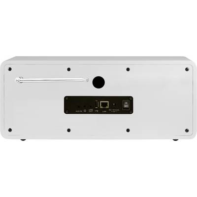 Zadná strana bieleho elektronického zariadenia s anténou, viacerými konektormi a vypínačom, vhodná pre sieťové pripojenie.