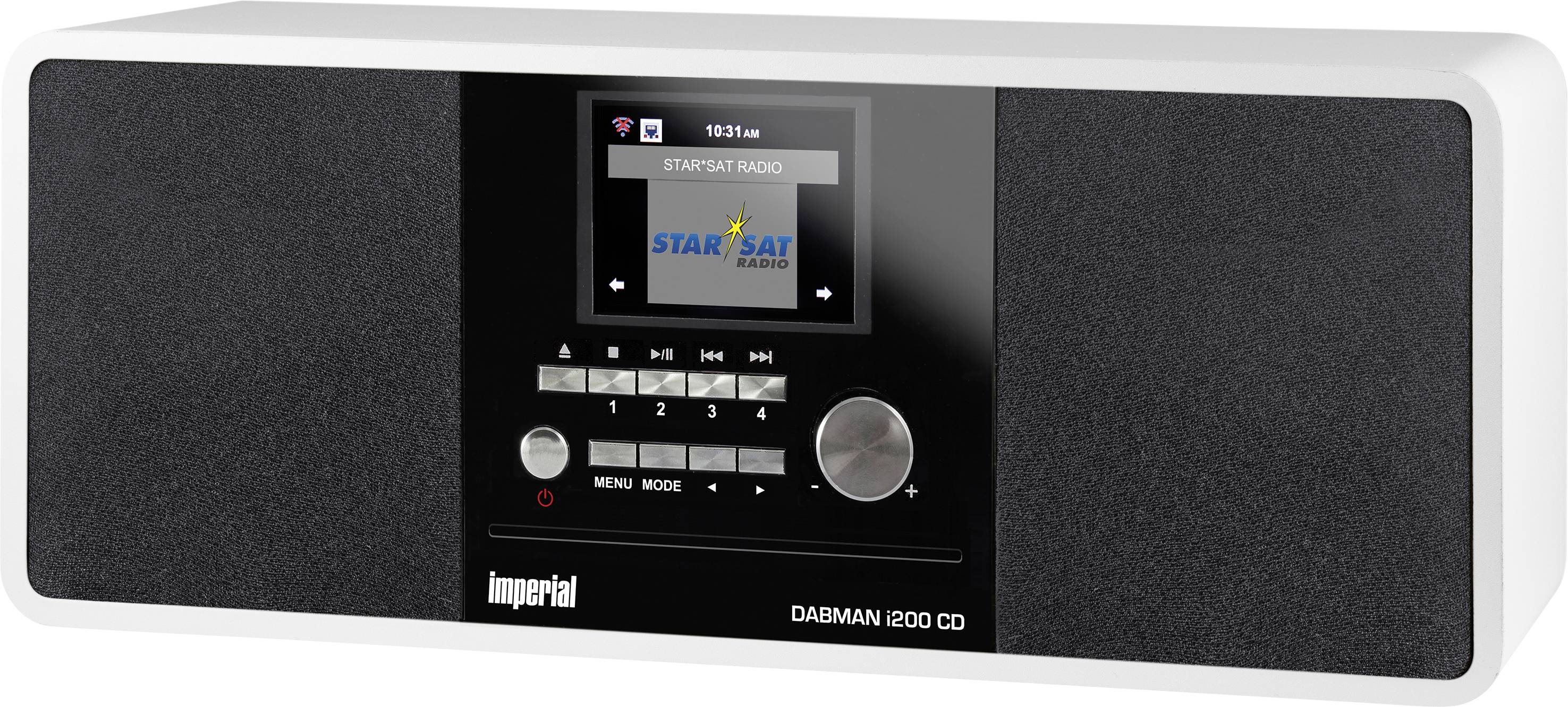 Rádio DAB s CD prehrávačom. Na displeji je zobrazený kanál 'STAR SAT RADIO'. Nachádza sa na ňom ovládacie a nastavovacie tlačidlá.