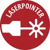 Červená kruhová varovná značka laserového ukazovacieho zariadenia s bielou ikonou laserového lúča a slovom "LASERPOINTER" v hornej časti.