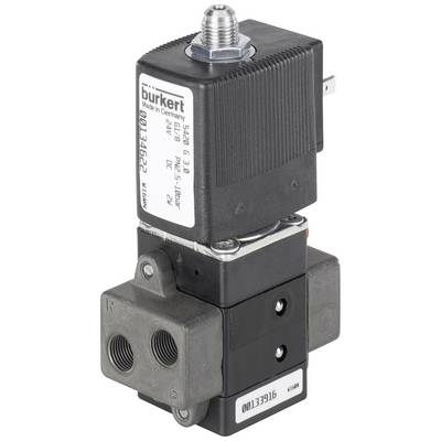Ventil od spoločnosti Bürkert pre priemyselné aplikácie, s prípojkami a štítkom, ktorý zobrazuje číslo modelu a elektrické špecifikácie.