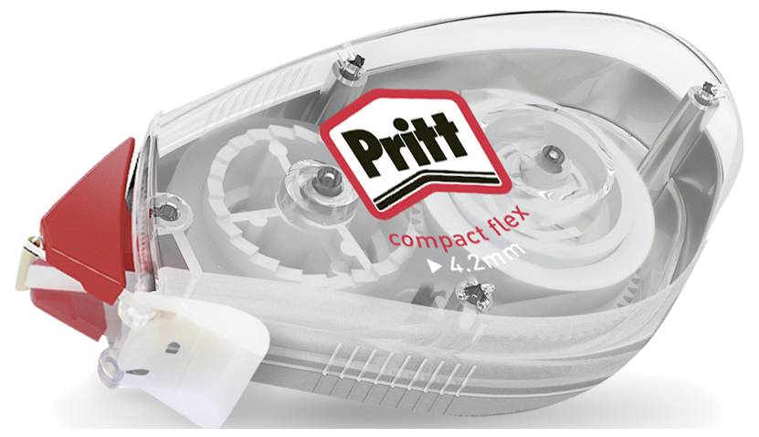 Korekčná páska v priehľadnom obale, cez ktorý sú viditeľné vnútorné ozubené kolesá a mechanizmy. Etiketa obsahuje nápis 'Pritt compact flex 4.2mm.'