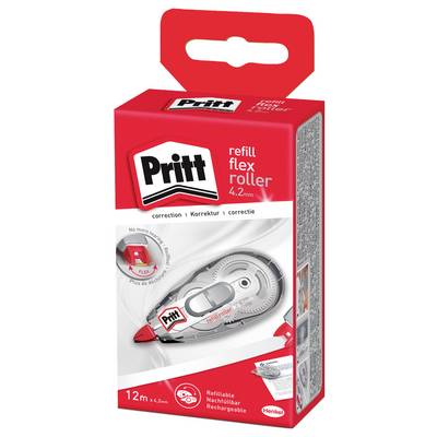 Červeno-biely obal náplne korekčného pásu Pritt Flex Roller, zobrazujúci korekčné zariadenie s údajmi ako '12m x 4.2mm' a 'Znovu plniteľné'.