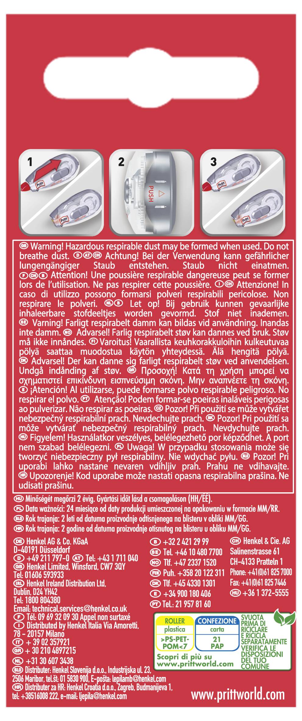 'Zadná strana balenia korekčného valčeka Pritt zobrazujúca návod na použitie sdiagramami a výstražným textom vo viacerých jazykoch.'